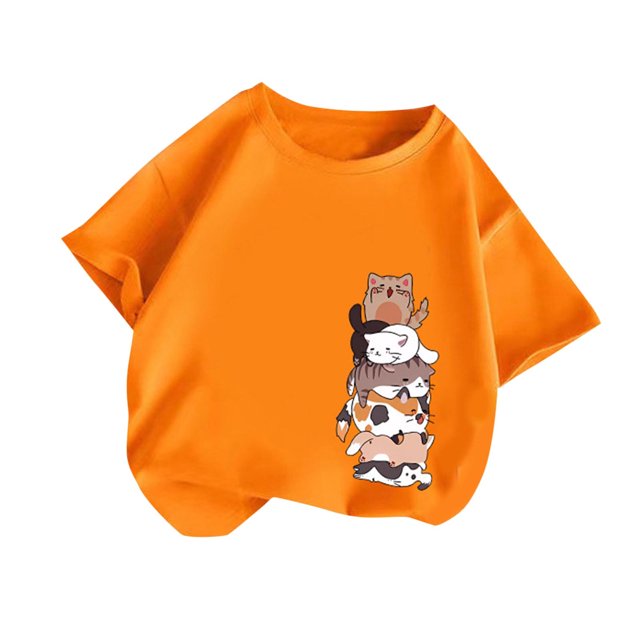 Hauts pour Filles Manches Courtes Animaux T-Shirts Graphiques Été T-Shirts Col Rond Orange 12-14 Ans