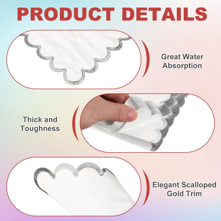 100 Pack Blue Scalloped Cocktail Napkins With Gold Foil - 5x5 Inch Disposable Beverage Napkins For Weddings & Parties