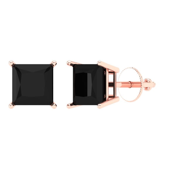 3 ct Screw-Back Stud Earrings for Women | 6.5mm Princess Cut Natural Onyx | 18K Rose Gold