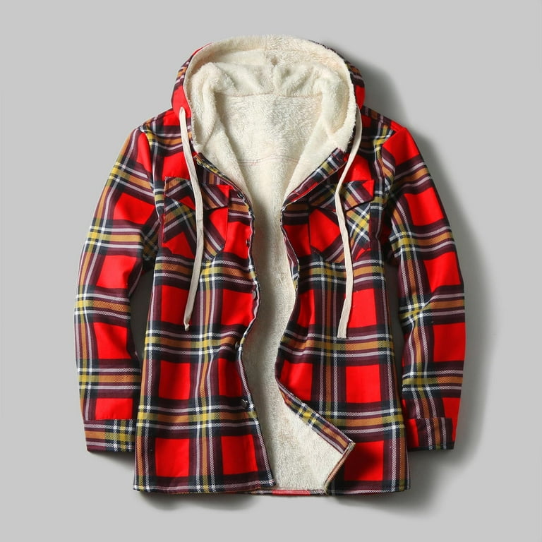 Mens Hooded Jackets Men's Fleece-Lined Flannel Shirt Jacket