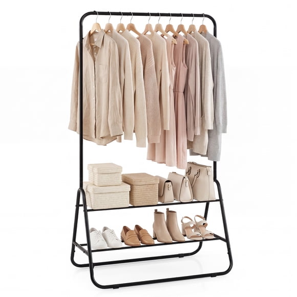 Costway Heavy Duty Clothes Rack Metal Garment Rack with Hanging Rod and Storage Shelves Black