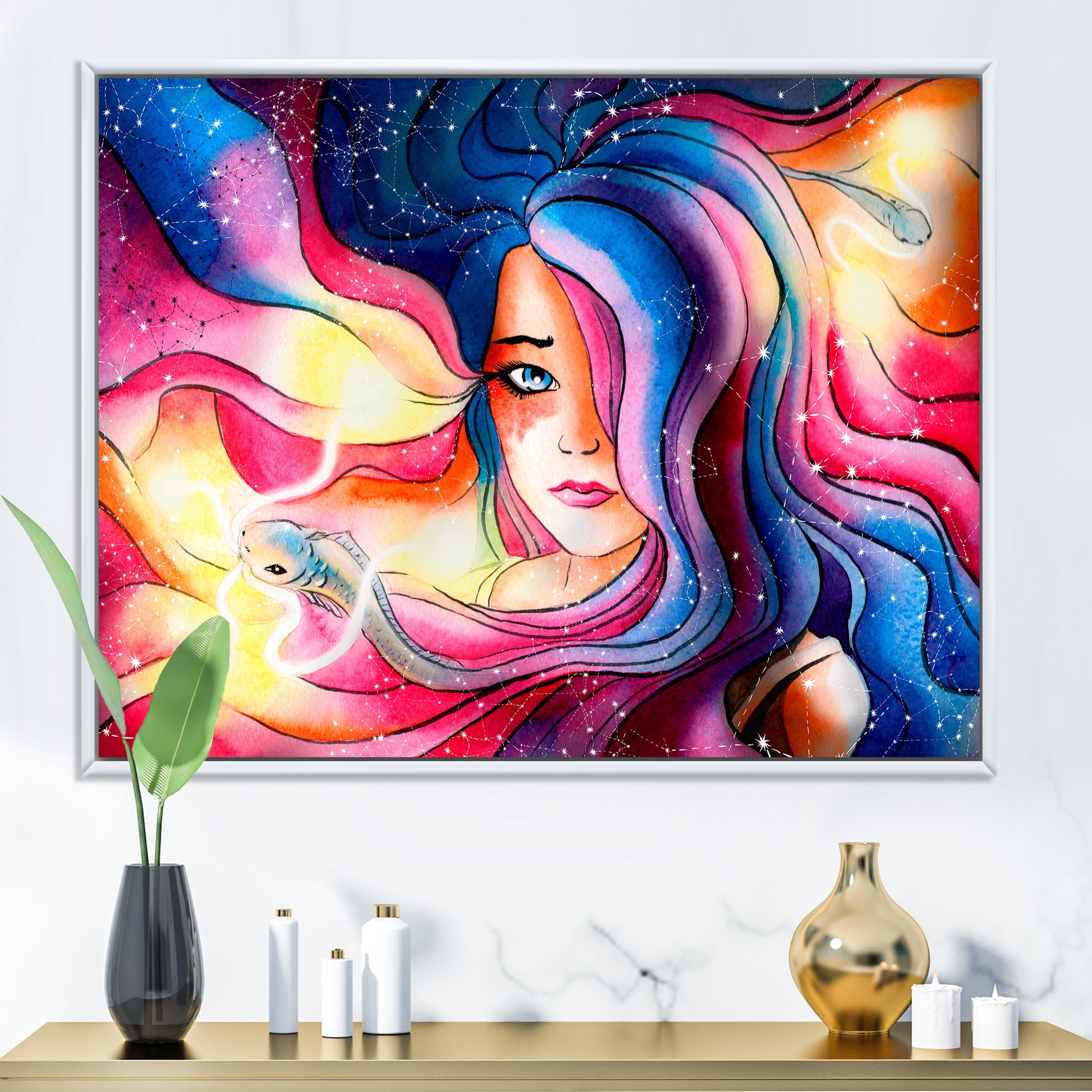 Designart 'The Girl Portrait With The Glowing Hair' Modern Framed Canvas Wall Art Print
