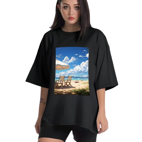 Plus Size Shirt for Women Black Tops for Women Short Sleeves Shirt for Women Seaside (52) T Shirt Crewneck Shirt for Women XS