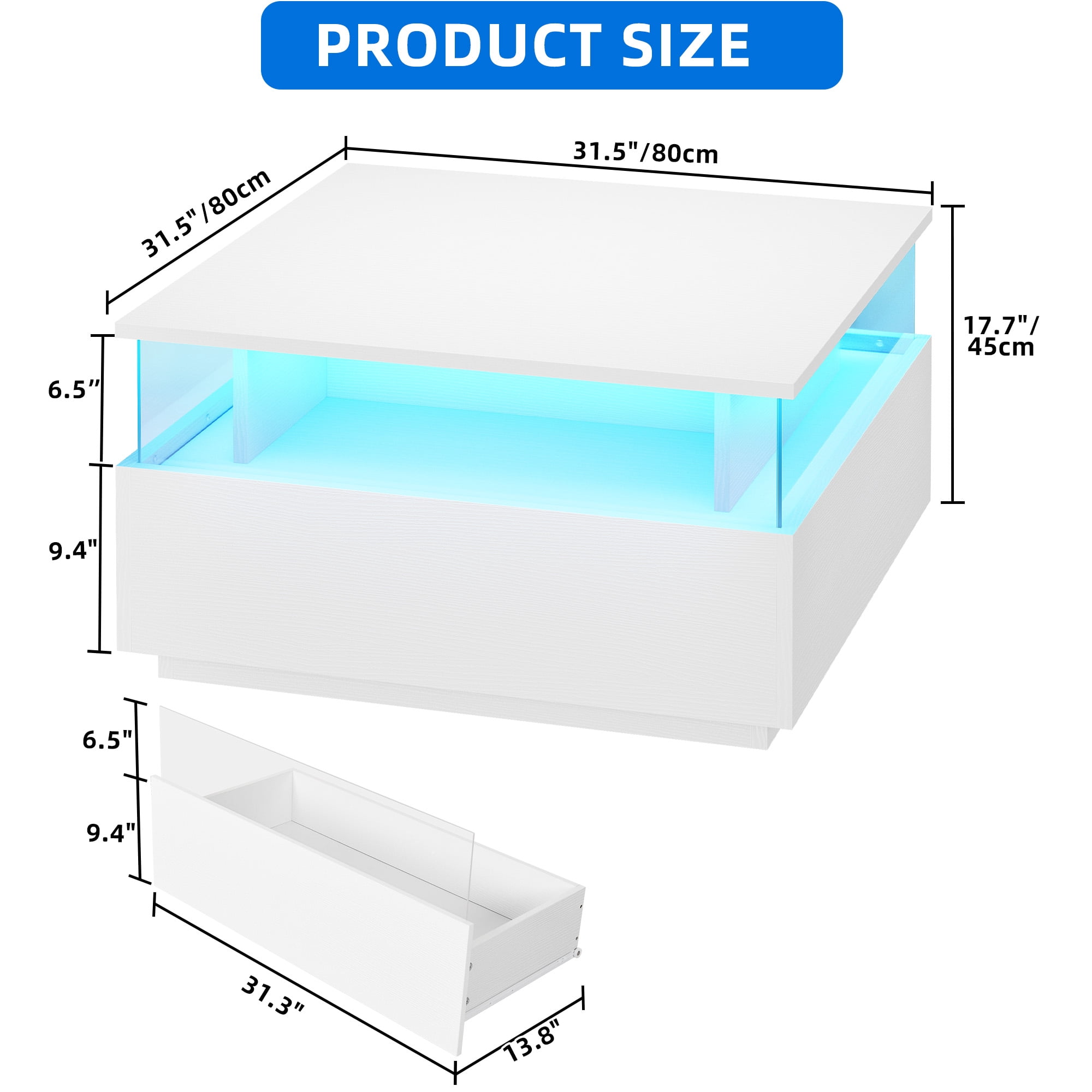 Uforic Square LED Coffee Table with 4 Drawers, Acrylic Living Room Table with Storage Shelf, White