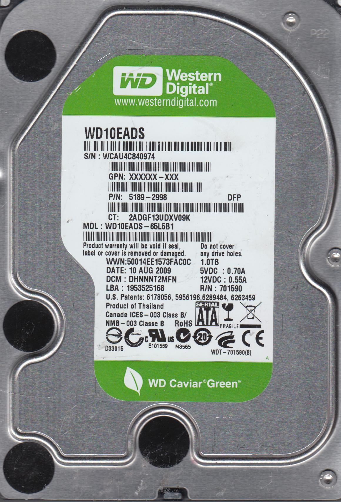 Carte Contrôleur PCB Pour Disque Dur Western Digital WD10EADS-65L5B1 (ref. 2060-771590-001)