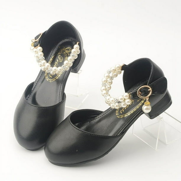 Zapatos de princesa de tacón alto estilo princesa de primavera y otoño con perlas de diamantes para niñas, zapatos de cuero de alto rendimiento blancos para estudiantes, zapatos para niños