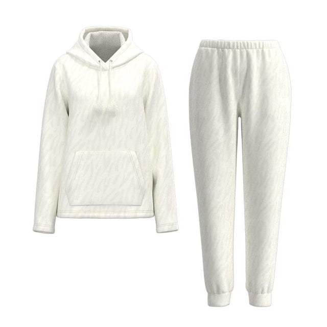 Set de Pijama Secret Treasures para mujer talla M color blanca con diseño de cebra, incluye sudadera de manga larga con capucha ajustable con cordón y pompones, bolsillo frontal tipo canguro, y pantalón jogger con cintura y tobillos elásticos, ideal para mantener comodidad y calor en otoño e invierno, también adecuado para uso diario en casa.