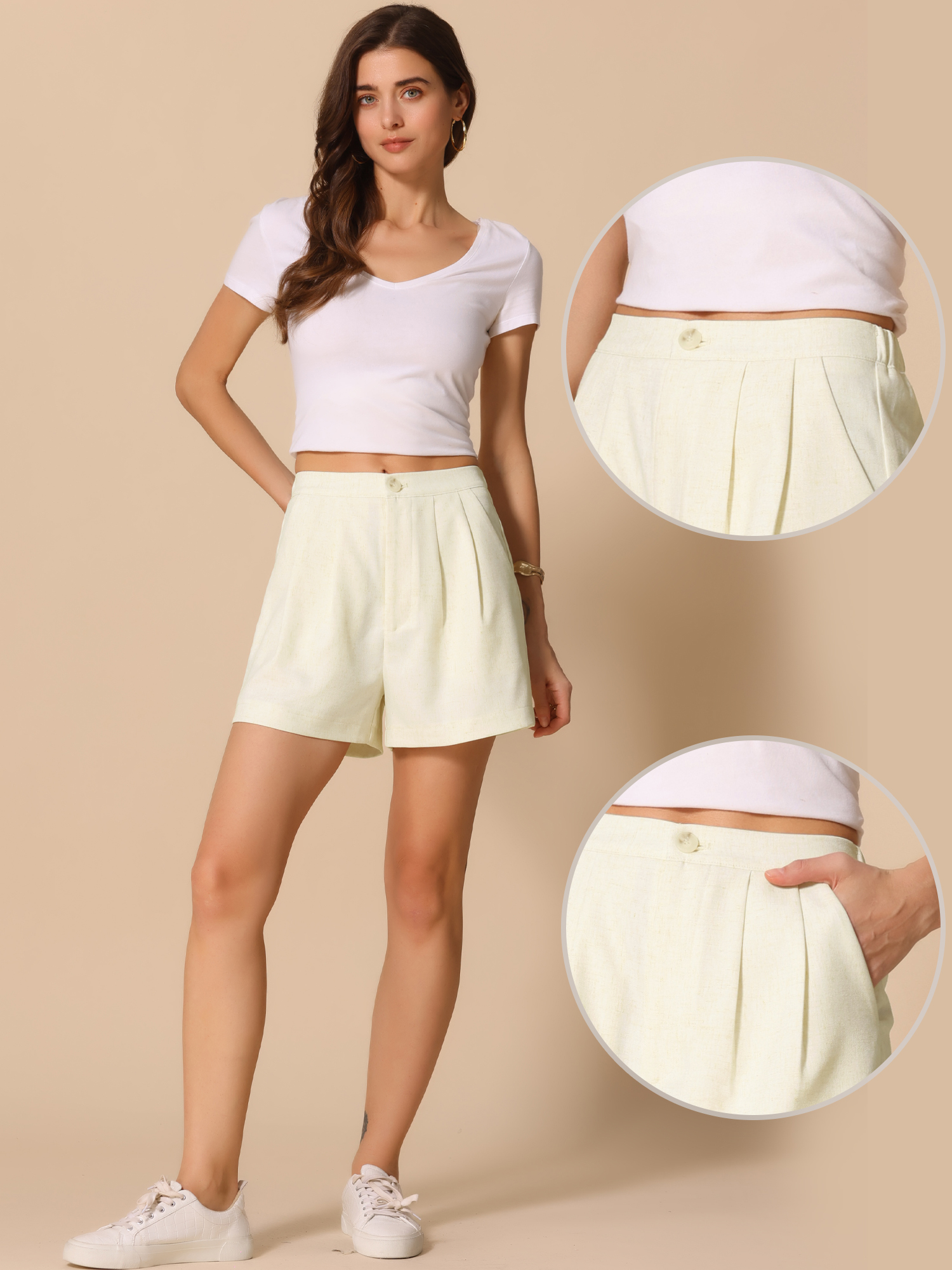 DARING DIVA Women's Elastic High Waist Pleated Shorts with pockets XS Beige