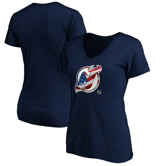 Women's Navy New Jersey Devils Banner Wave Logo V-Neck T-Shirt T-Shirt