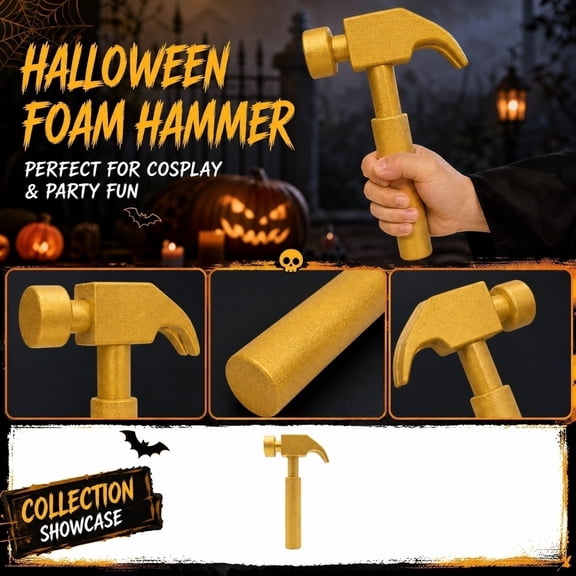 Halloween Party Prop, Halloween Accessory, Gold Party Decorations for Party, Halloween Party Favors for Adults, Pu Foam Golden Small Claw Hammer Fire Hammer Simulation Model Prop