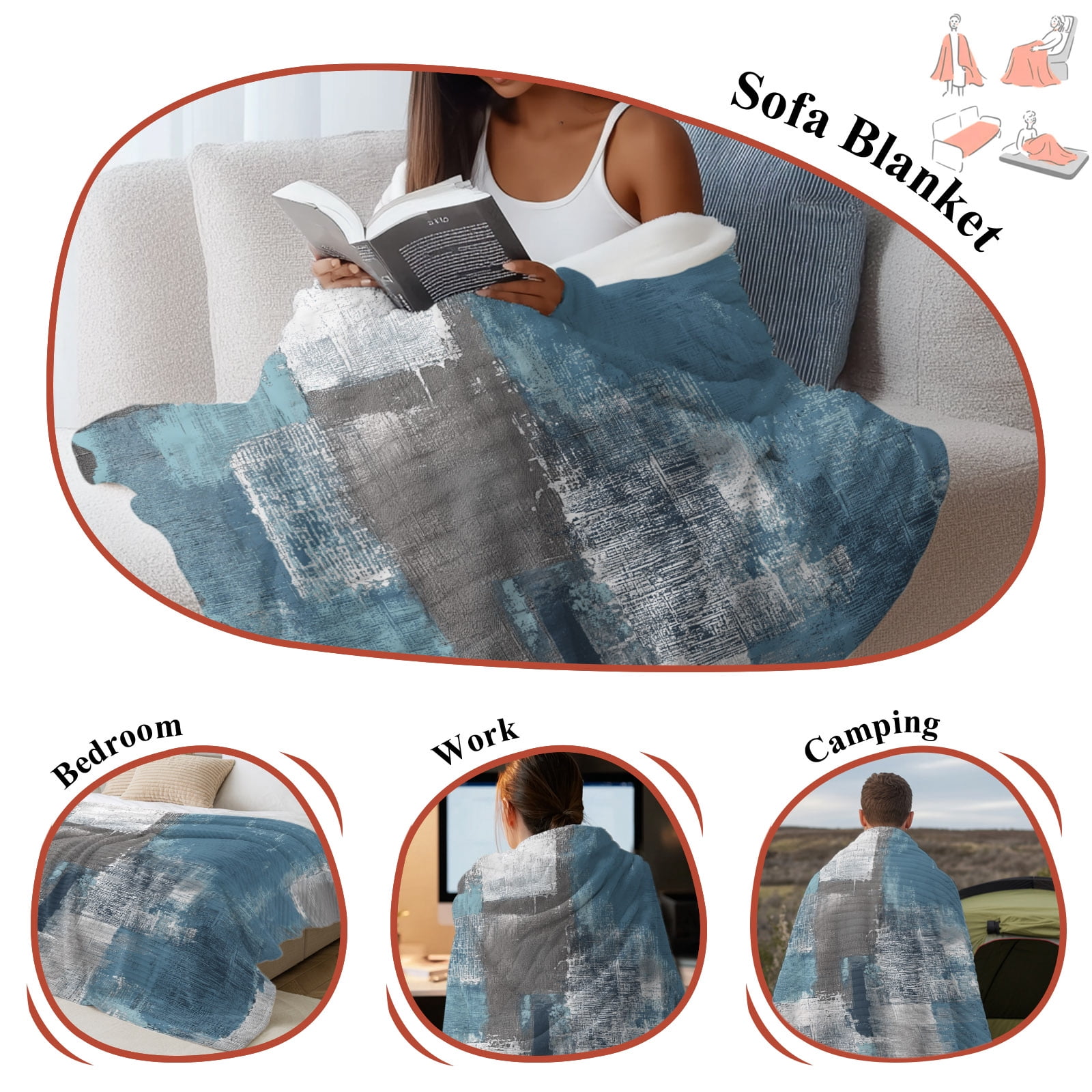 Abstract Oil Painting Throw Blanket for Couch Square Blue Smear Soft and Warm Flannel 3D Striped Fluffy Fuzzy Fleece Blanket Lightweight Throw for Bed, Sofa 50 x 60 Inches