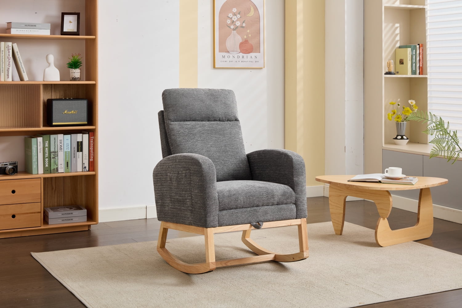 Lisonu Modern Nursery Glider Rocking Chair, Upholstered High-Back Rocker in Dark Gray Teddy Fabric, Comfy Lounge Armchair with Side Pocket & Solid Wood Legs