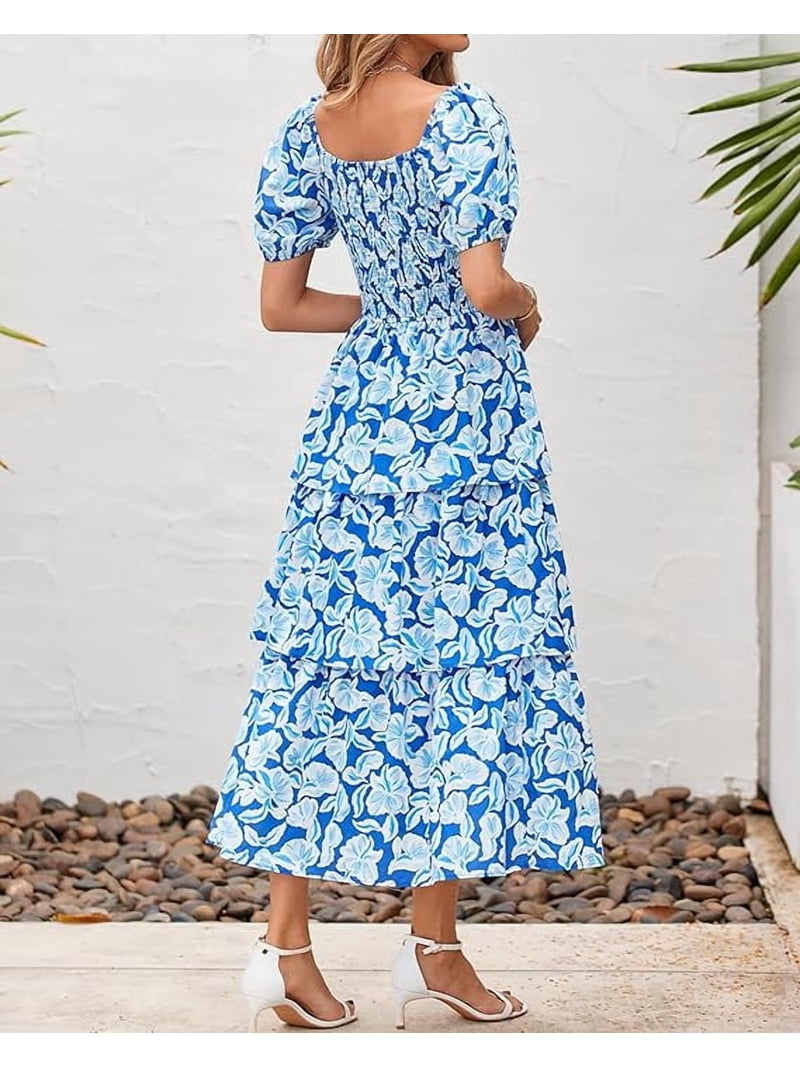 Btfbm Womens Square Neck Smocked Dress Summer Puff Short Sleeve Floral Casual Ruffle Tiered Maxi Wedding Guest Dresses, Women's, Size: Large, Blue
