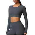 thumbnail image 1 of Timegard Hauts de Yoga pour Femmes Skinny Extensible Col Rond Manches Longues Cropped Tops de Gym Couleur Unie, 1 of 6