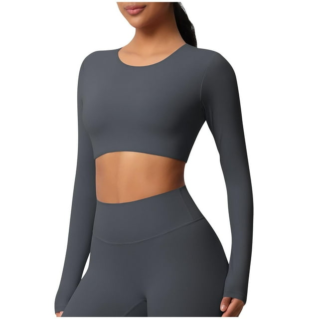 Timegard Hauts de Yoga pour Femmes Skinny Extensible Col Rond Manches Longues Cropped Tops de Gym Couleur Unie