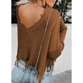 thumbnail image 4 of Asyoly Women's Waffle Knit Sweater V Neck Long Sleeve Ripped Distressed Pullover Solid Color Jumper Loose Knitwear Tops, 4 of 6
