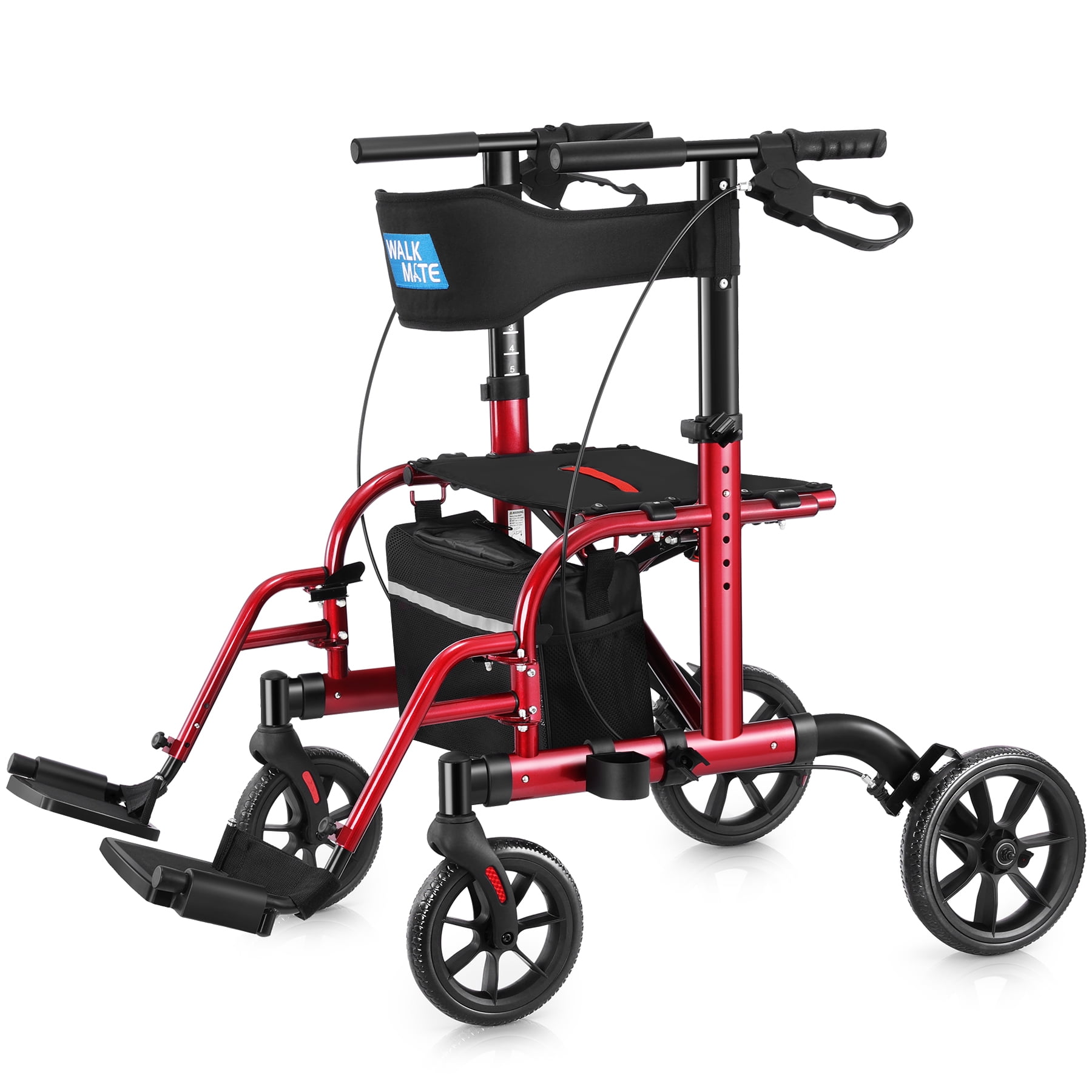 WalkMate 2 in 1 Rollator Transport Chair, 10'' Wheels Medical Rollator for Seniors with Paded Seat Backrest, Adjustable Handle and Detachable Footrests, Cherry Red