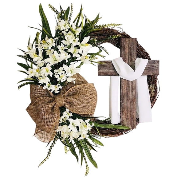 40CM Easter Cross Wreath With Bow Creative Garland Door Hanging Ornament Decor Supplies (White)