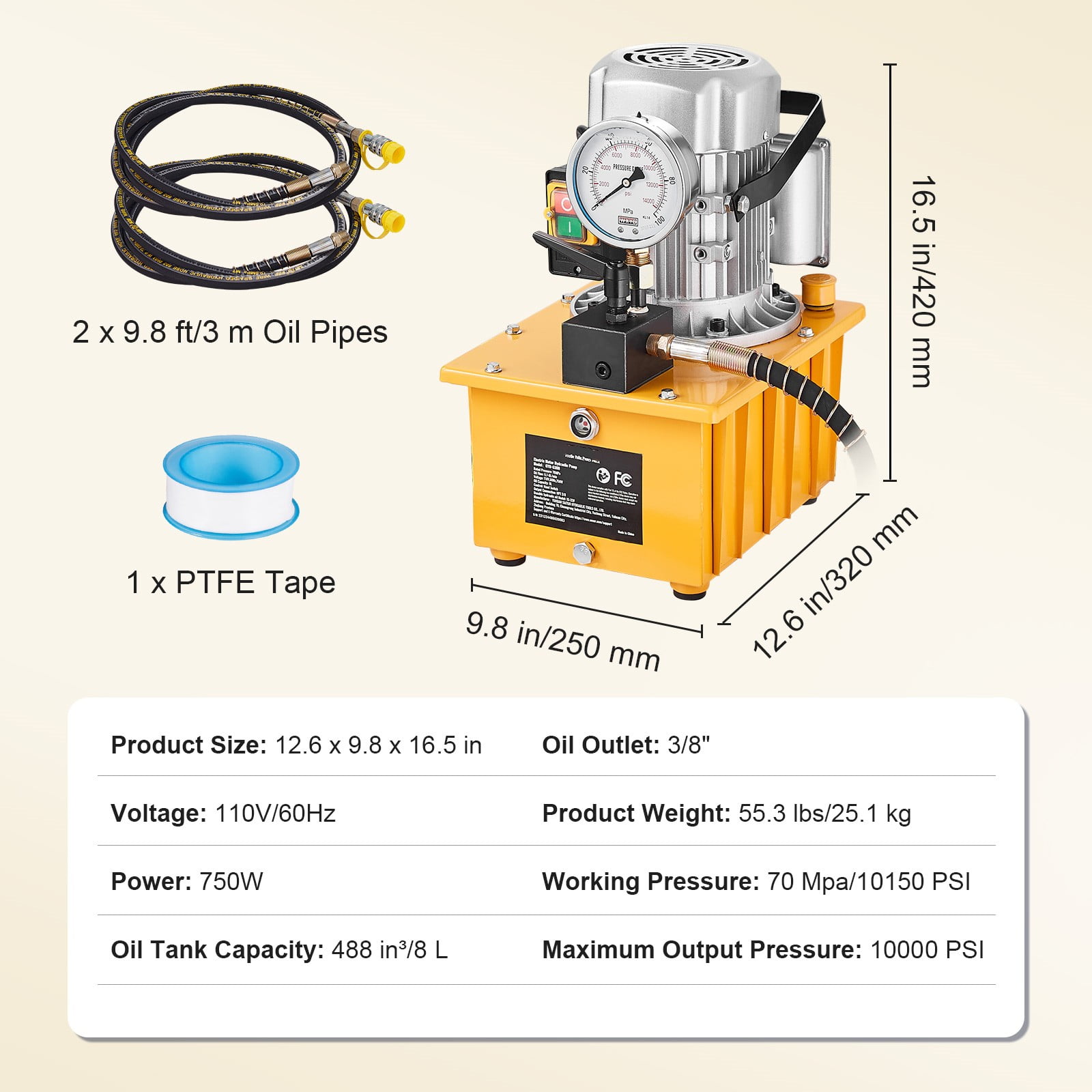BENTISM Electric Hydraulic Pump Single Acting Oil Pump 10000 PSI 8L Manual Valve