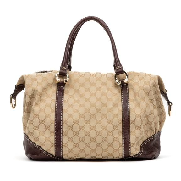 Pre-Owned Gucci Beige Horsebit Nail Boston Shoulder Bag Monogrammed Canvas