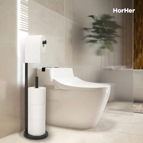 Freestanding Toilet Paper Holder Stand with Storage for 4 Rolls, Rust-Resistant Bathroom Organizer, Modern Black Finish