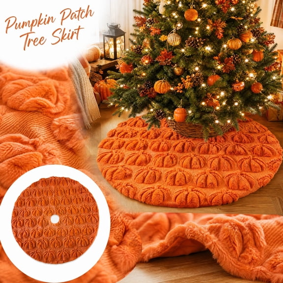Orange Pumpkin Tree Skirt, Fall Harvest Xmas Tree Base Cover For Home Thanksgiving Holiday Decor
