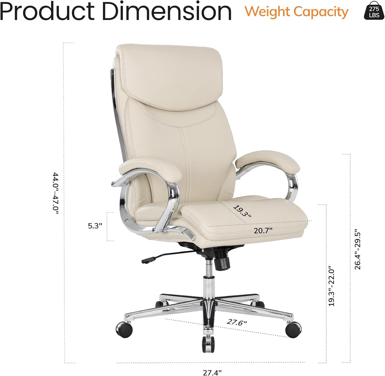 COLAMY High Back Executive Office Chair, PU Leather Computer Desk Chair with Extra Thick Padded Seat Cushion, Quiet Rubber Rolling Casters and Adjustable Tilt Tension for Home Workspace,Beige