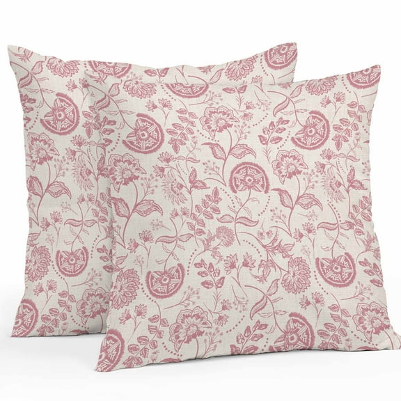 Farmhouse Pink Floral Outdoor Pillow Covers Pack of 2 Linen Boho Flower Rustic Country Waterproof Throw Pillow Covers Decorative Cushion Cases for Patio Garden Tent Balcony Couch 26x26 inch