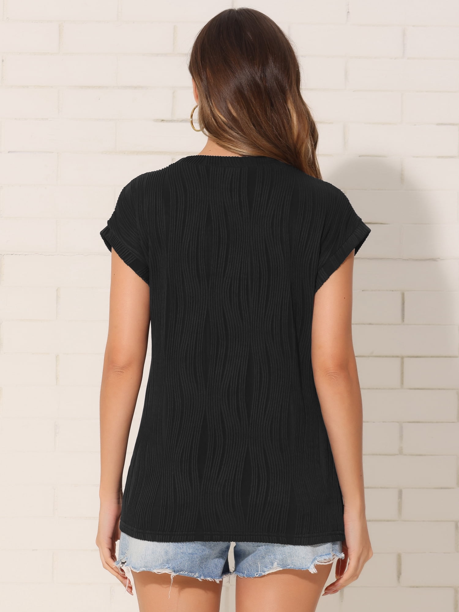 DARING DIVA Women's Short Sleeve Crew Neck Textured Casual Basic Tee Shirts S Black