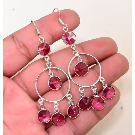 Pink Rubellite Tourmaline 925 Sterling Silver Chandelier Earring 2.81" E74
