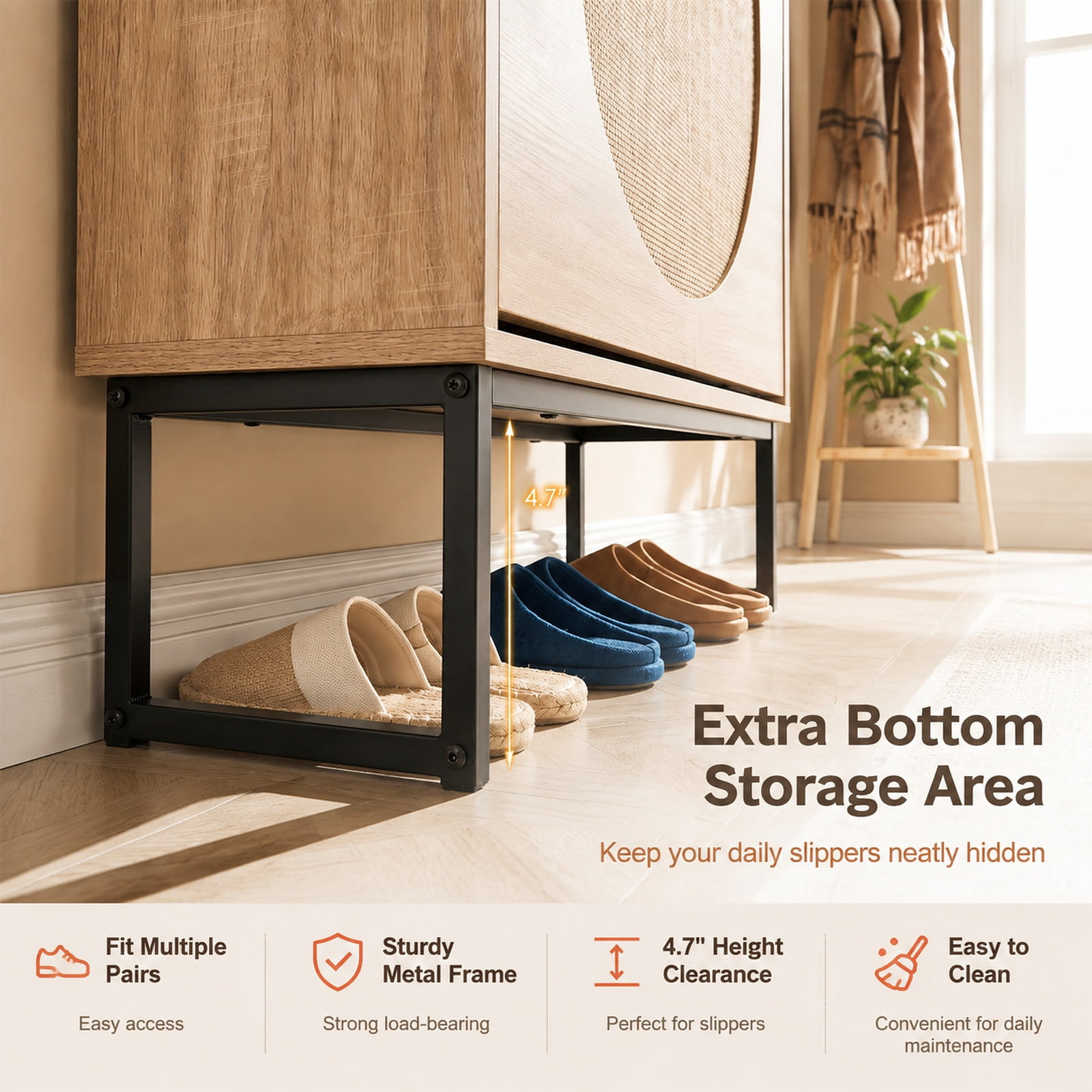 Furnibear Tall Narrow Shoe Storage Cabinet with 2 Flip Drawers Adjustable Removable Shelves and Faux Rattan Doors for Entryway and Hallway, Natural