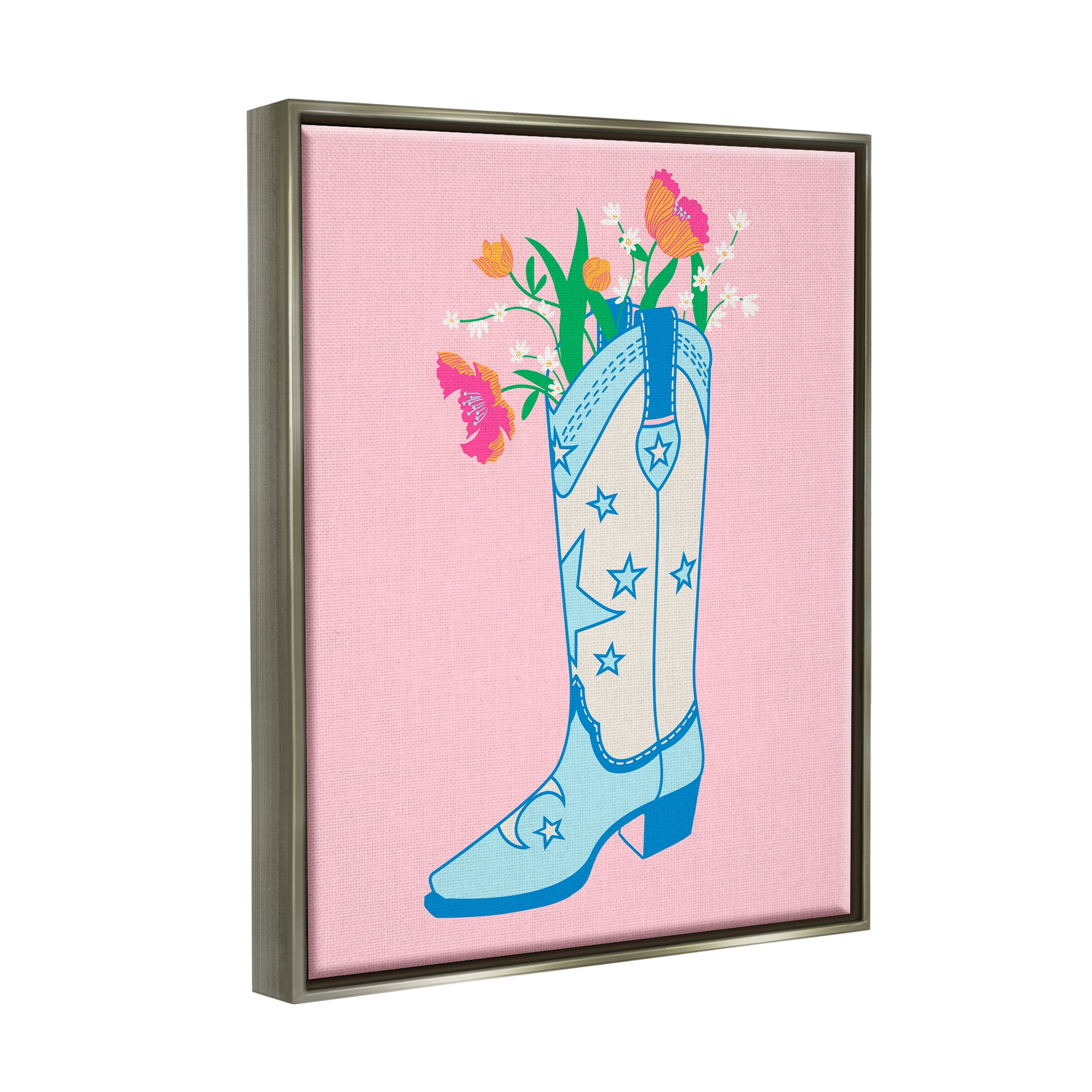 Stupell Industries Pink Floral Cowgirl Boot Botanical & Floral Painting Gray Floater Framed Canvas Art Print Wall Art, 25 x 31