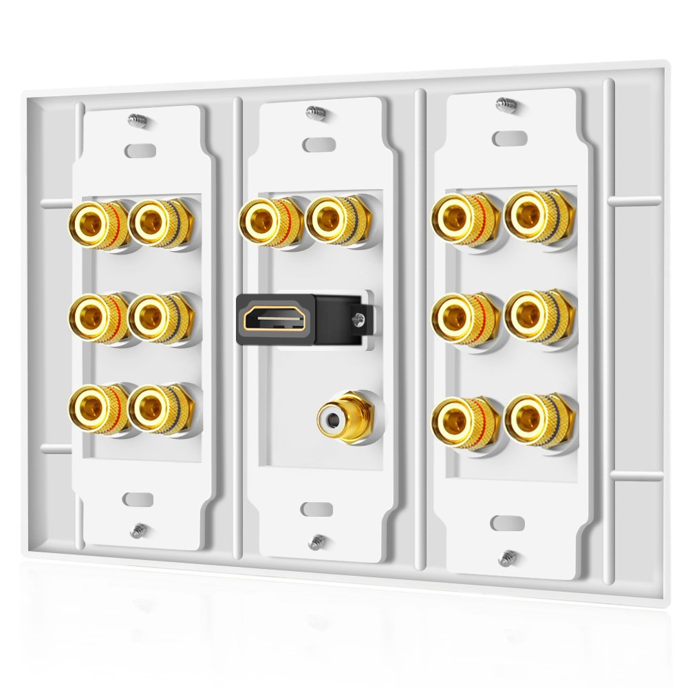 Home Theater Speaker Wall Plate Outlet - 7.1 Surround Sound Audio Distribution Panel, Gold Plated Copper Banana Plug Binding Post Coupler, RCA LFE Jack for Subwoofer, HDMI 4K ARC/eARC Full HD (3-Gang) - image 4 of 5