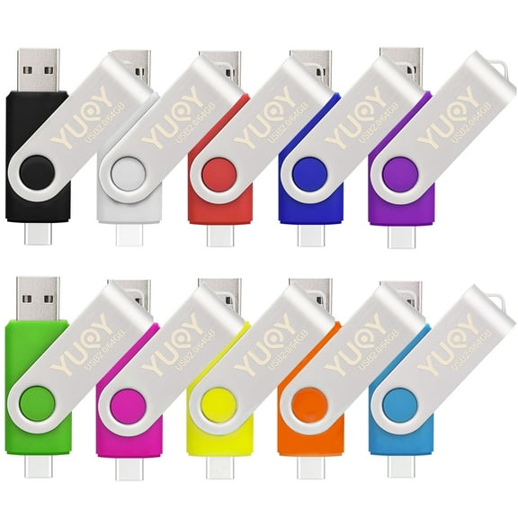 YUOY USB 2.0 Flash Drive Swivel USB-A & Type-C, 64GB Thumb Drive Wide Compatibility for Smartphones, Tablets, Laptops & More, 10 Pack Memory Stick