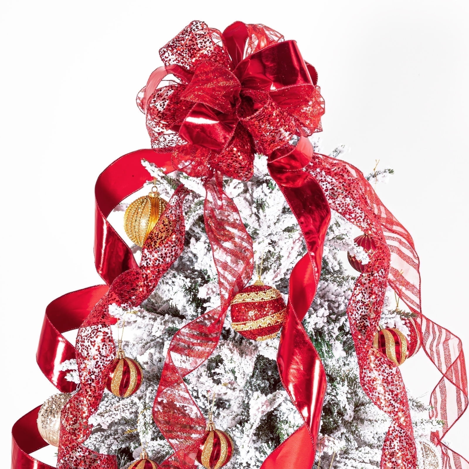 LoomJoyz 11 Inch Red Glitter Christmas Tree Topper Bow - 3 Yards Ribbon Streamer Tails Holiday Decor