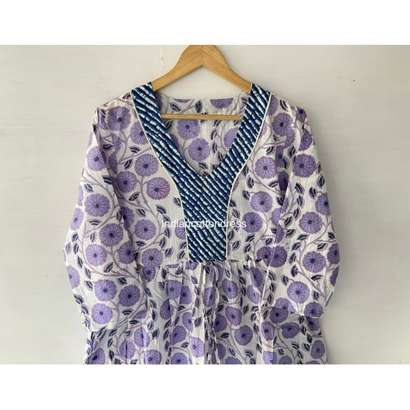 Purple Kitty Flower Printed Cotton Dress Floral Dress, Cotton Block Print Dress, Long Dressing Gown,Indian Cotton Dress