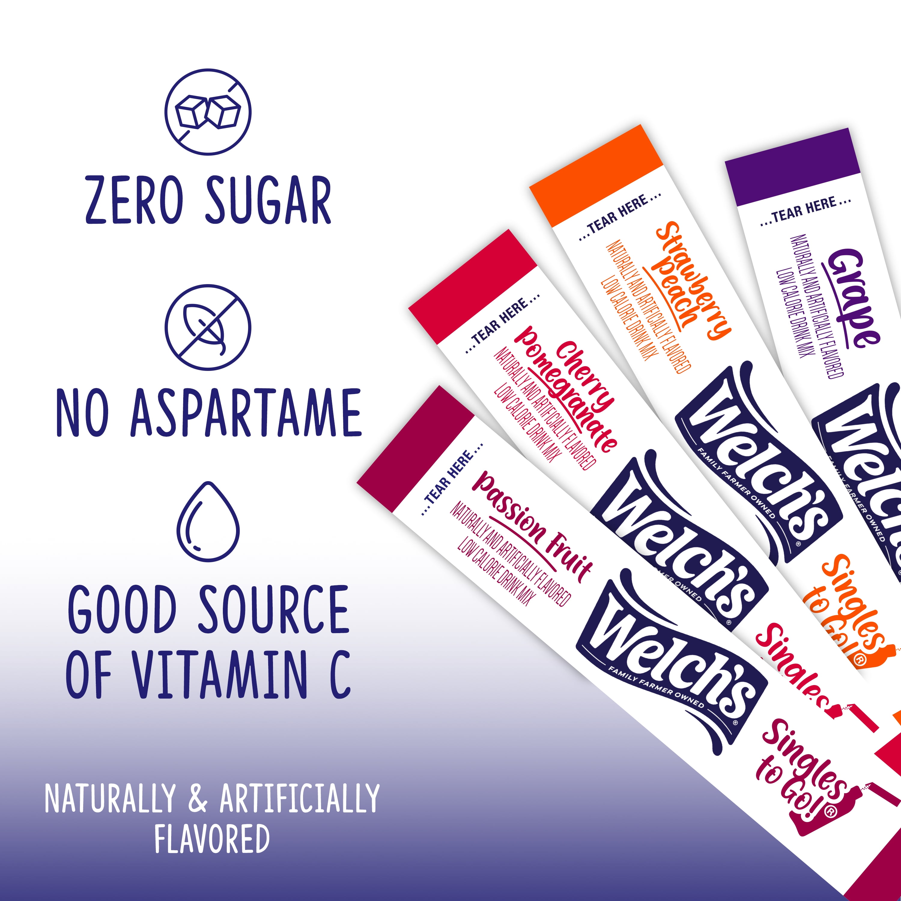Welch's Zero Sugar Variety Pack Singles to Go Powdered Drink Mix, Grape, Passion Fruit, Strawberry Peach, Cherry Pomegranate, 30 Count Packets
