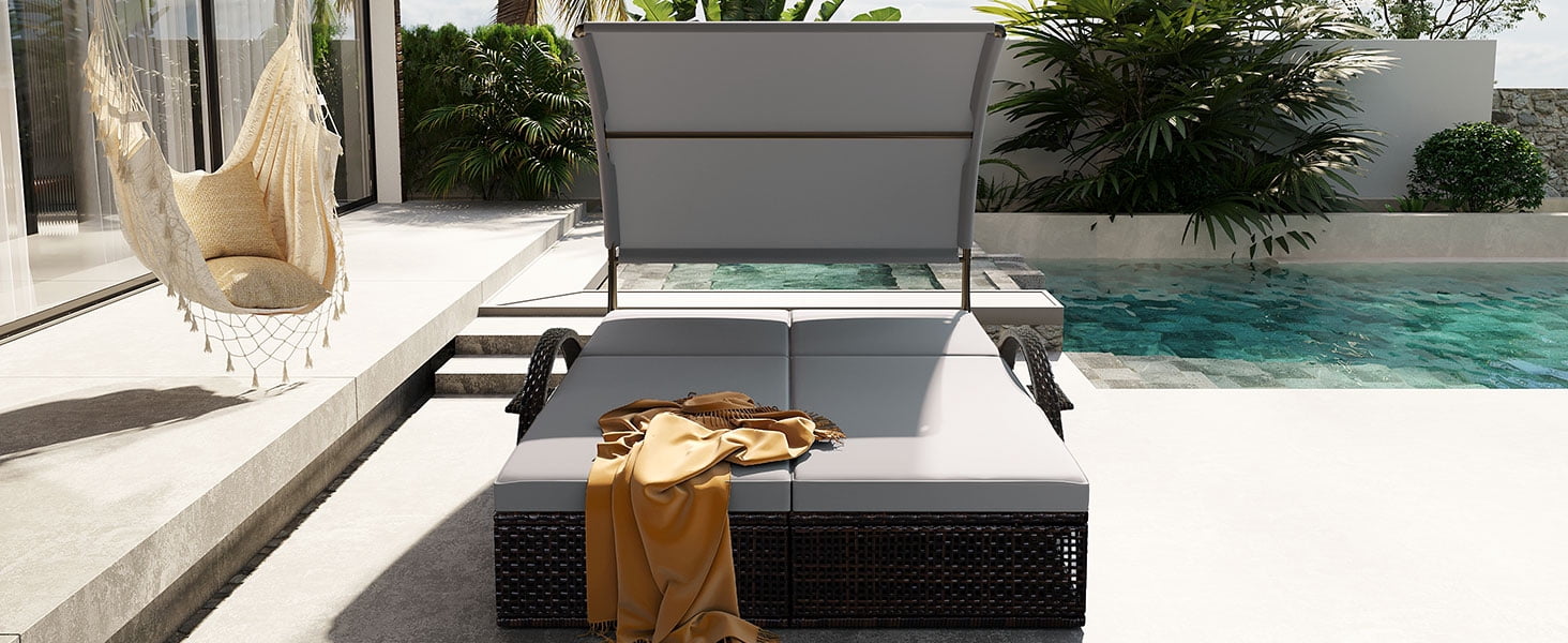 Mintazer 72.8" Outdoor Double Chaise Lounge with Adjustable Canopy & Pop-Up Side Table, Patio Double Sunbed with Arched Armrests for Patio Poolside, Brown & Gray