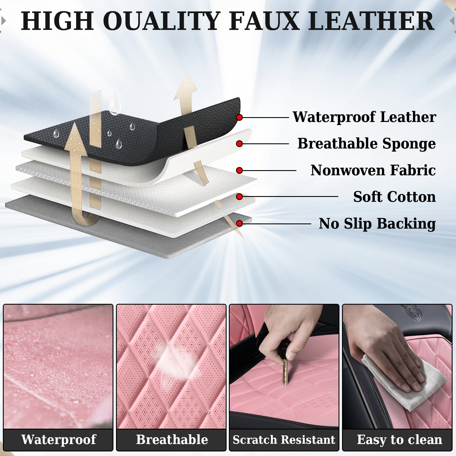 Coverado Front Car Seat Covers, Waterproof Premium Leather Seat Cushions, 6 Pieces Auto Interior Protectors Universal Fit Most Cars, Suvs, Pickup Trucks, Black&Pink
