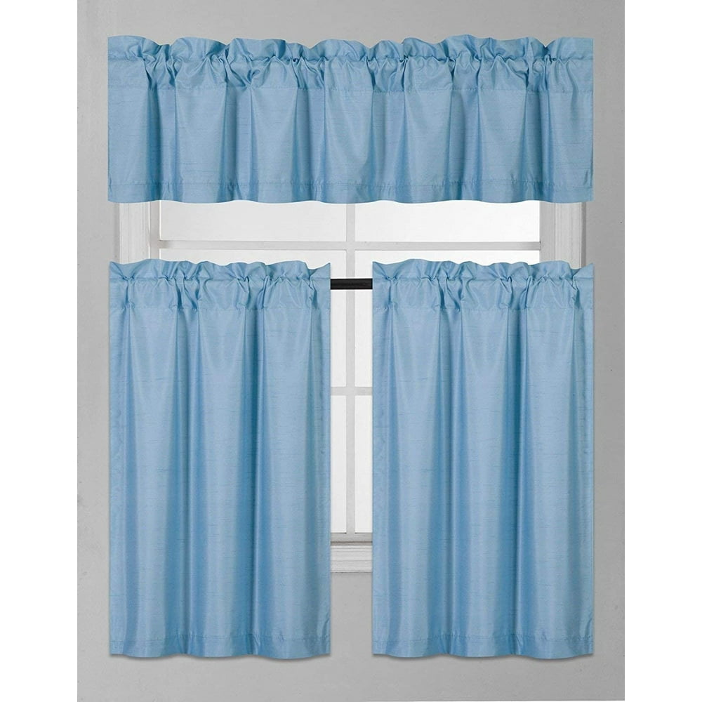 Solid 3Piece Room Darkening Kitchen Window Curtain Set (Light Blue