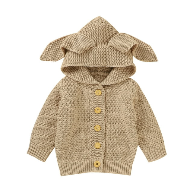 Xingqing Infant Toddler Baby Girls Solid Color Rabbit Ear Long Sleeve Knitted Hooded Coat