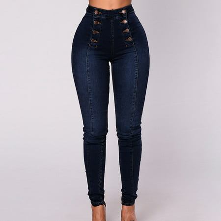Buttons Style Women High Waist Long Denim Pants Skinny Jeans