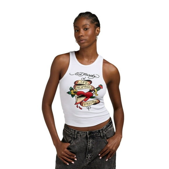Ed Hardy Heart Sword Tank Top - EHW1207-5RS (White, XL)