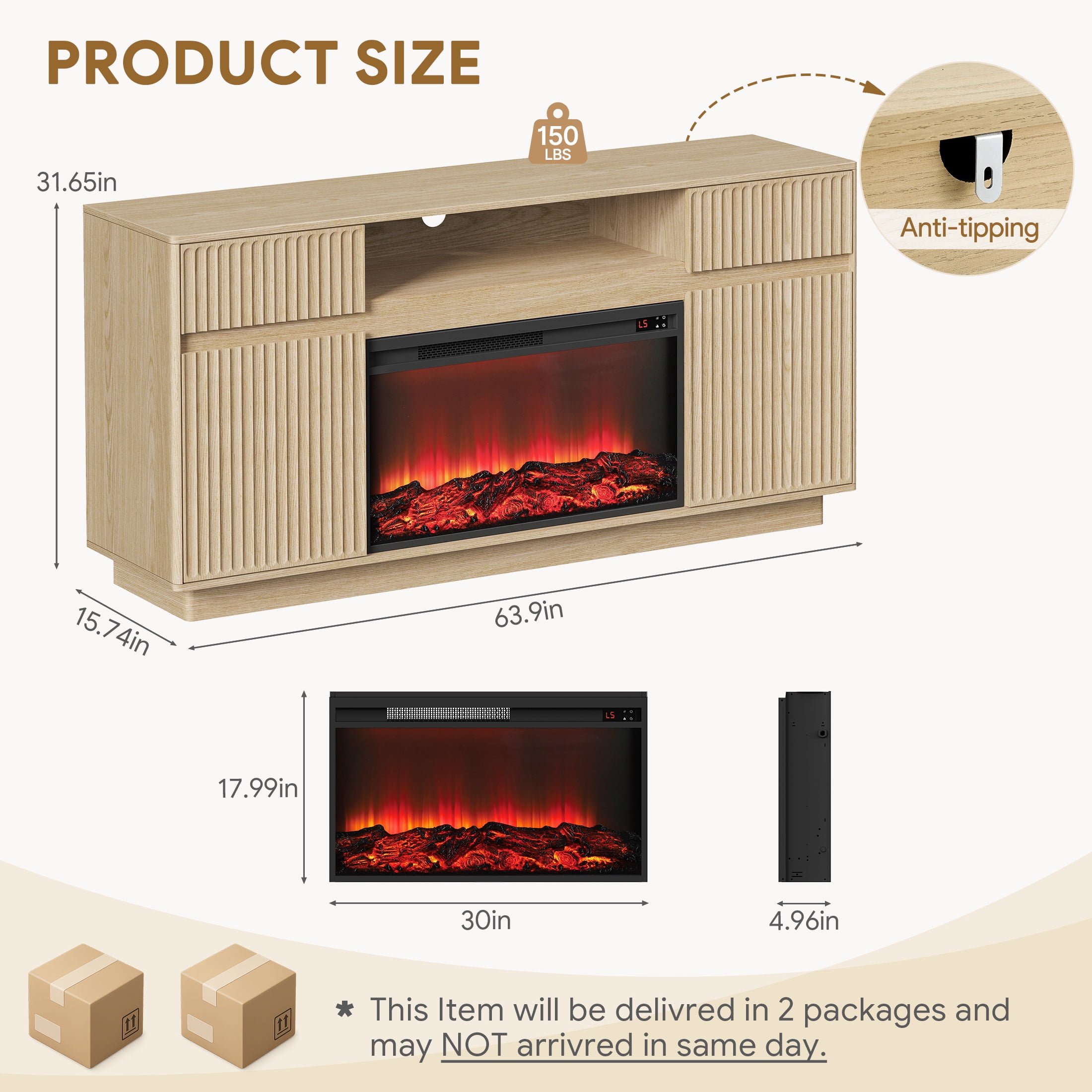 PAPROOS Fireplace TV Stand for 70 Inch TV, 64'' Wide Wood TV Cabinet with 30'' Electric Fireplace, Modern Fluted Entertainment Center TV Console Table for Living Room, Natural Oak