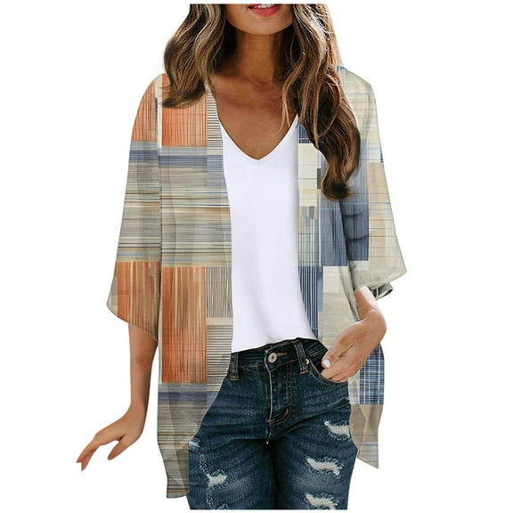 Idoravan Cardigans for Women Spring Women's Floral Print Puff Sleeve Kimono Cardigan Loose Chiffon Cover Up Casual Blouse Tops
