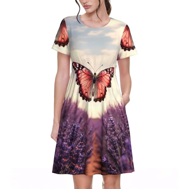 Easygdp Butterfly Over Lavender para Vestido Transpirable de Mujer, Vestido Suelto de Manga Corta con Pliegues y Bolsillos para el Verano