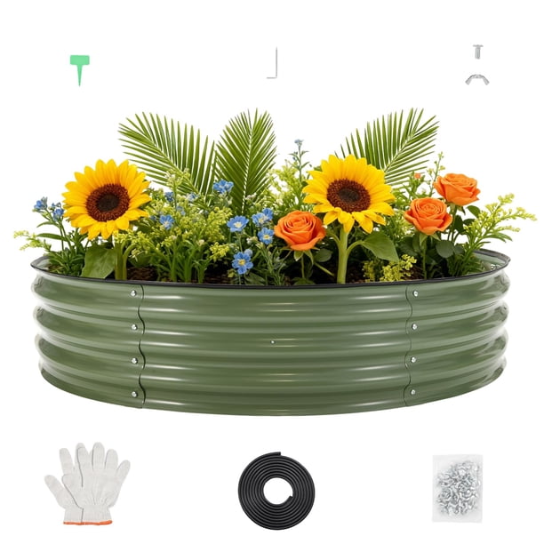 QinaQin Cama de cultivo redonda de acero galvanizado de 4 x 4 x 1 pies, jardinera metálica para exterior ideal para flores, vegetales y huerto elevado