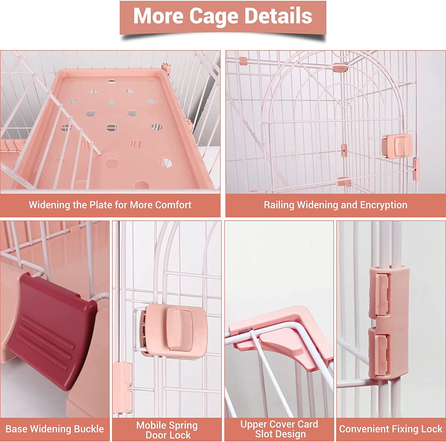 4-Tier Wire Cat Cage Playpen Kennel, 64 Inch Cat Catios Large Space for 1-3 Cats, Pink Cat Crate with 3 Platforms 3 Front Doors 2 Ramp Ladders