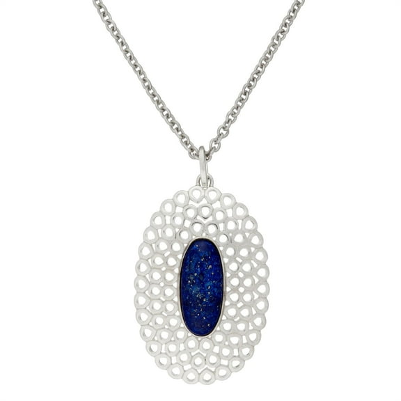 Silverly 925 Sterling Silver Simulated Blue Lapis Lazuli Oval Gemstone Long Pendant Necklace, 46cm
