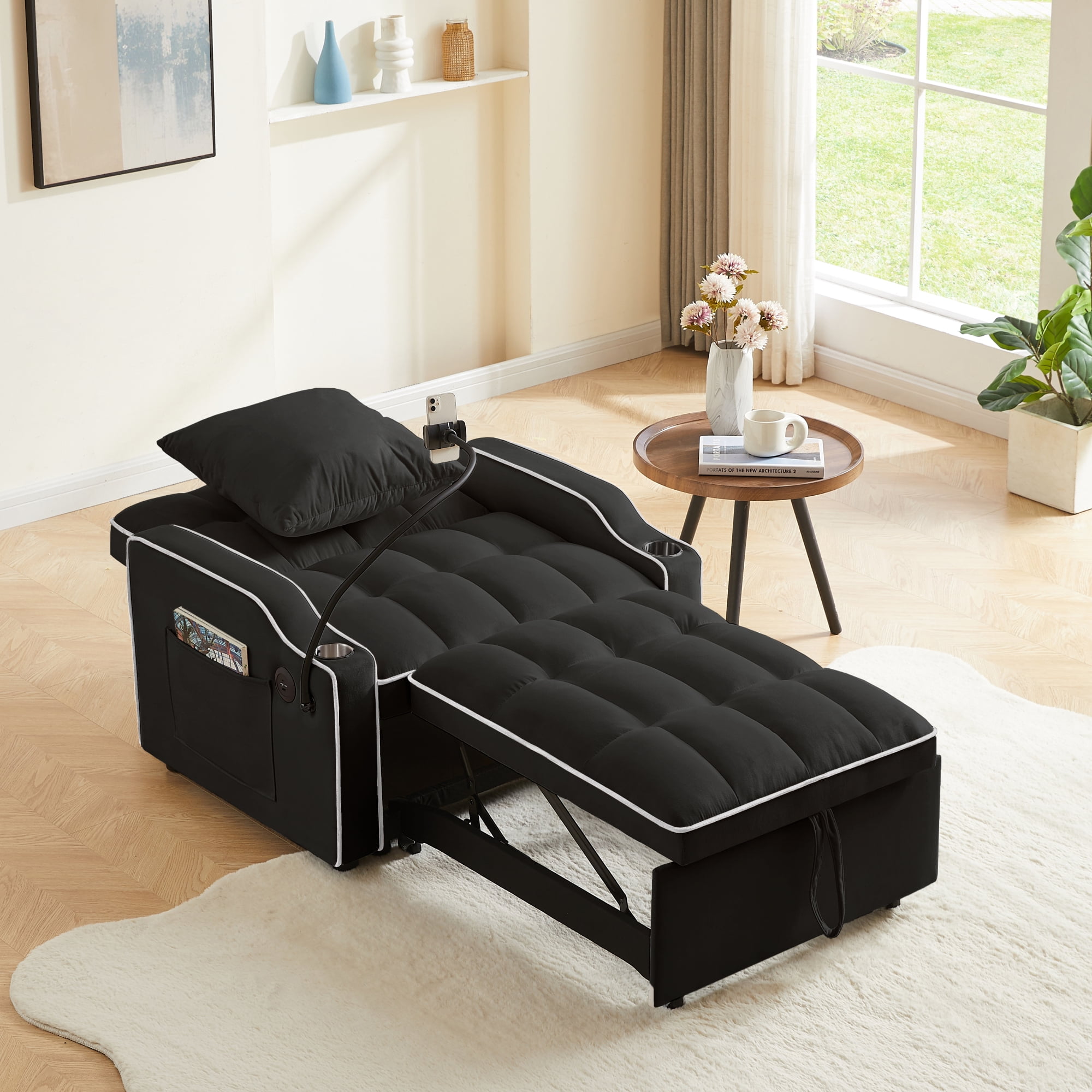 Jopath Convertible Sleeper Sofa Chair Bed,3 in 1 Velvet Single Sofa with Phone Holder & Cupholders,Pull Out Couch Recliner with Adjustable Backrest for Living Room, Office, Small Place,Black